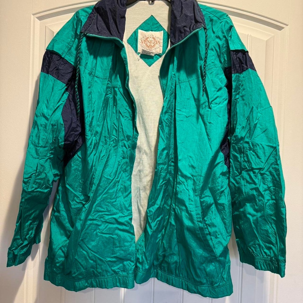 Vintage Venezia Sportswear Windbreaker Jacket Teal Navy Blue Colorblock Retro L